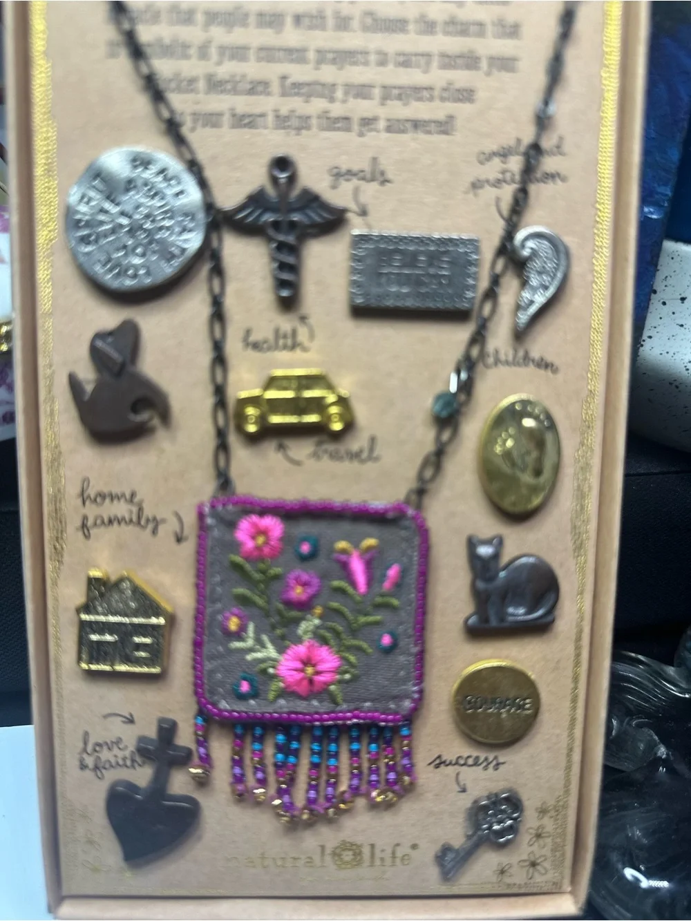 NATURAL LIFE Embroidered Floral Prayer Pocket Necklace – Pink, Green, Gold